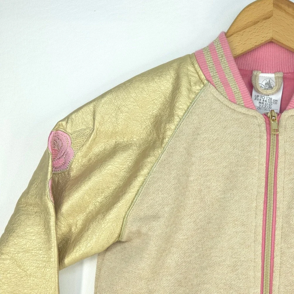 Disney Belle Gold Sleeve Bomber Jacket Girls 7/8 Floral Embroidery Princess Cute